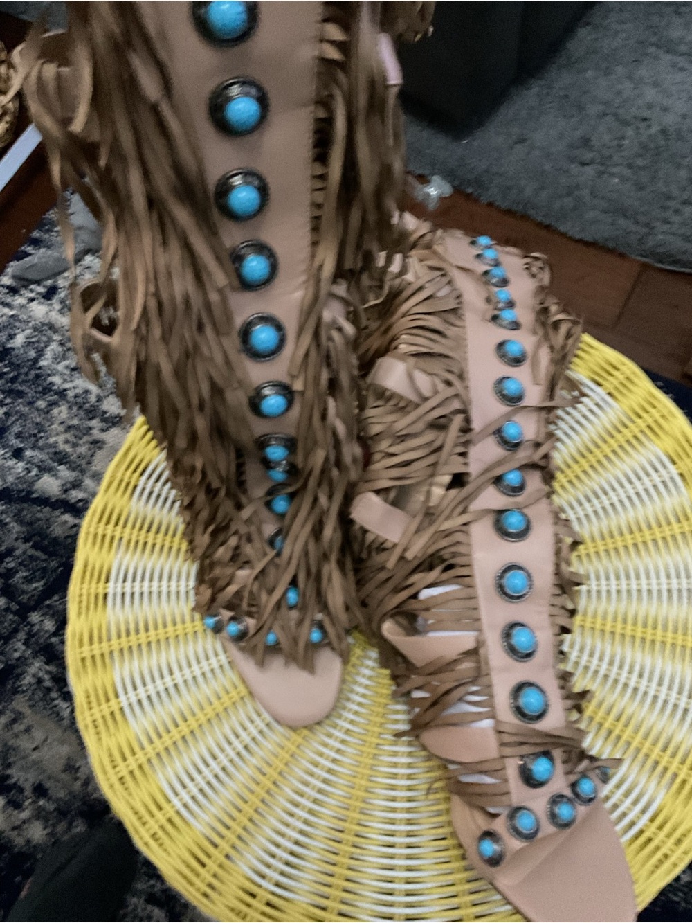 NWOB Azalea Wang Fringed Gladiator Sandals with Turquoise Studs - Brown